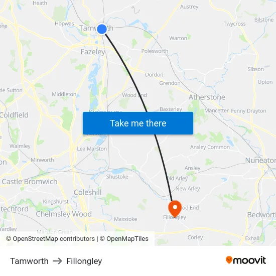 Tamworth to Fillongley map