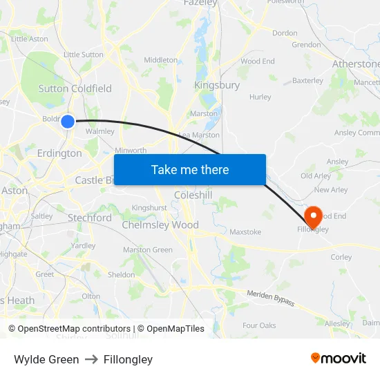 Wylde Green to Fillongley map