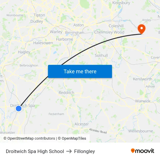 Droitwich Spa High School to Fillongley map