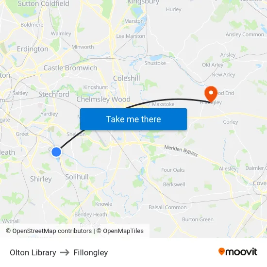 Olton Library to Fillongley map