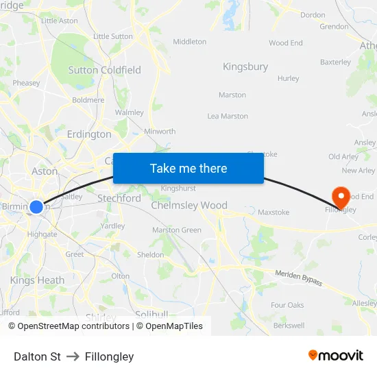 Dalton St to Fillongley map