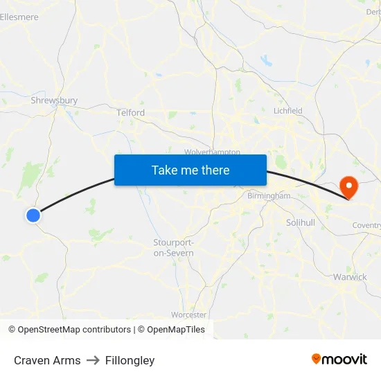 Craven Arms to Fillongley map