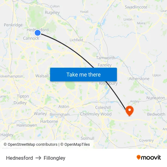 Hednesford to Fillongley map