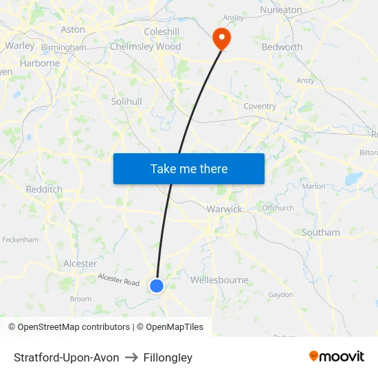 Stratford-Upon-Avon to Fillongley map
