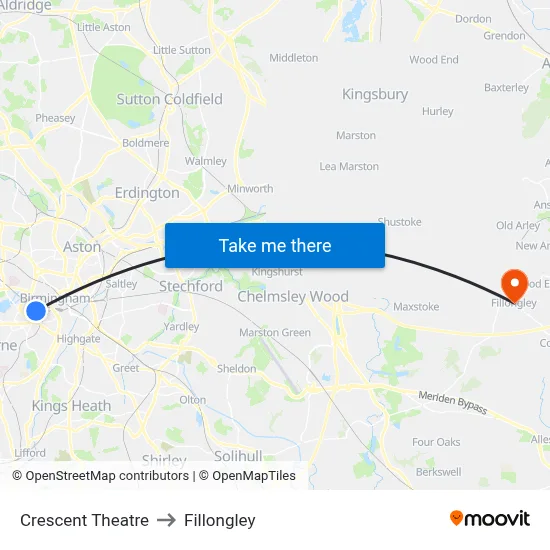 Crescent Theatre to Fillongley map