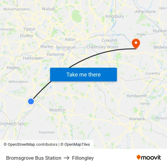 Bromsgrove Bus Station to Fillongley map