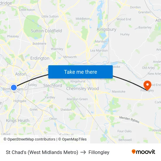 St Chad's (West Midlands Metro) to Fillongley map