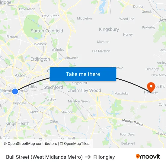 Bull Street (West Midlands Metro) to Fillongley map
