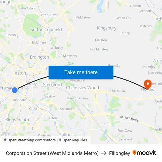 Corporation Street (West Midlands Metro) to Fillongley map