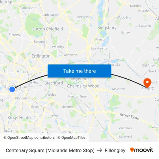 Centenary Square (Midlands Metro Stop) to Fillongley map