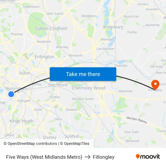 Five Ways (West Midlands Metro) to Fillongley map