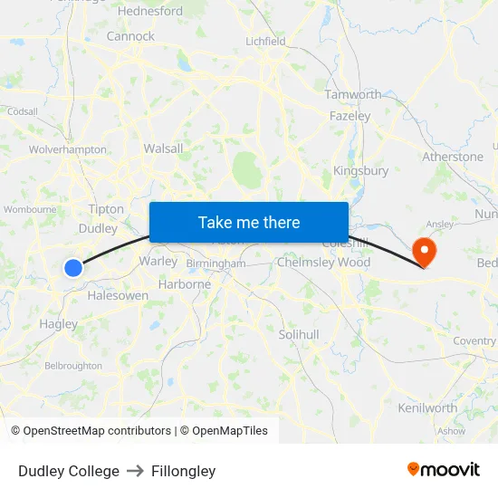 Dudley College to Fillongley map