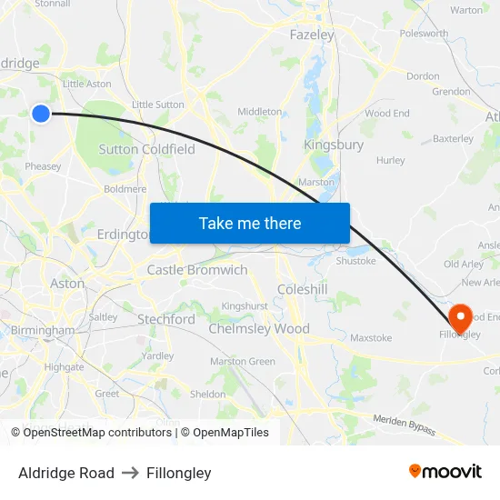 Aldridge Road to Fillongley map