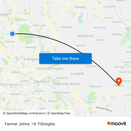 Farmer Johns to Fillongley map