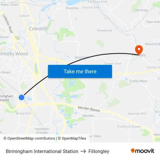 Birmingham International Station to Fillongley map