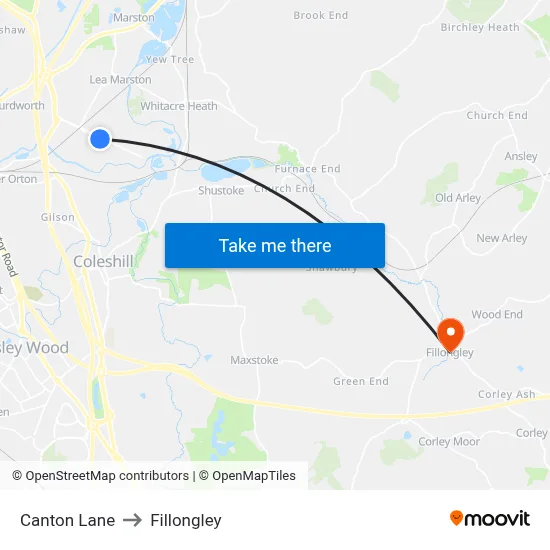 Canton Lane to Fillongley map