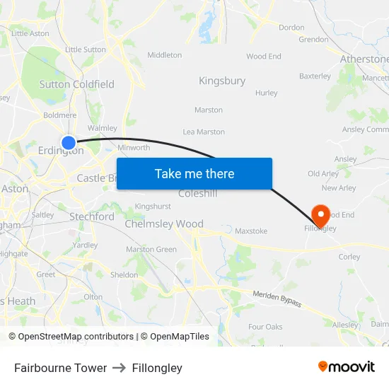 Fairbourne Tower to Fillongley map