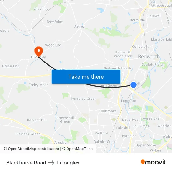 Blackhorse Road to Fillongley map