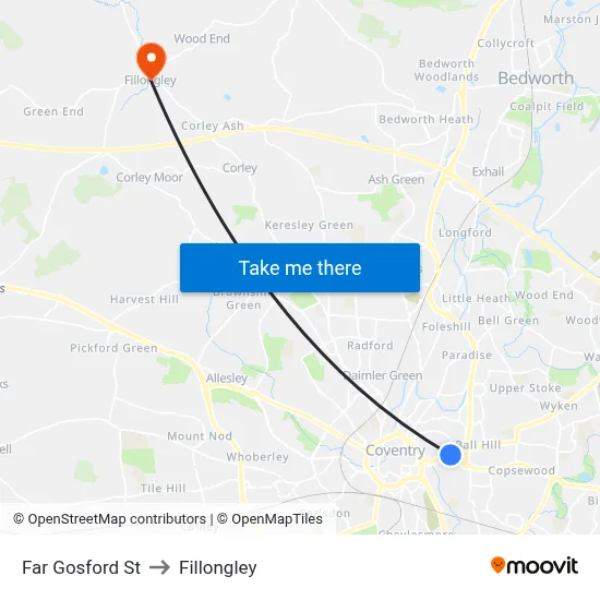 Far Gosford St to Fillongley map