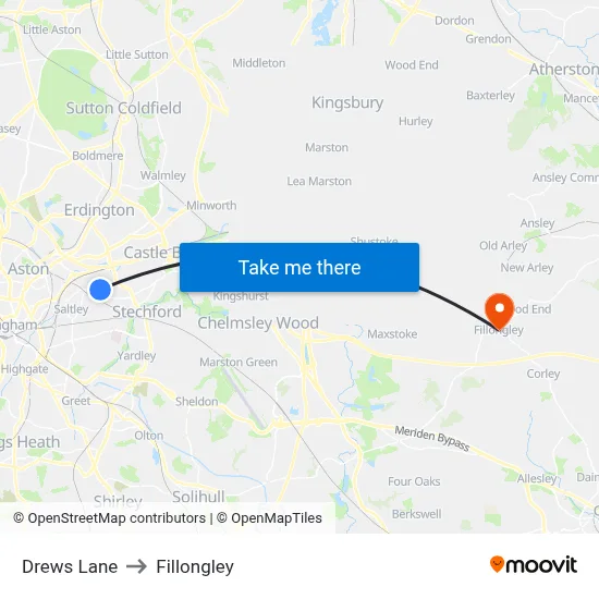Drews Lane to Fillongley map