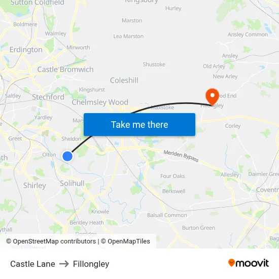 Castle Lane to Fillongley map