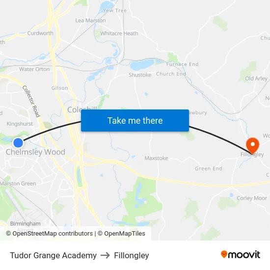 Tudor Grange Academy to Fillongley map