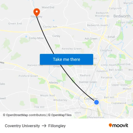Coventry University to Fillongley map