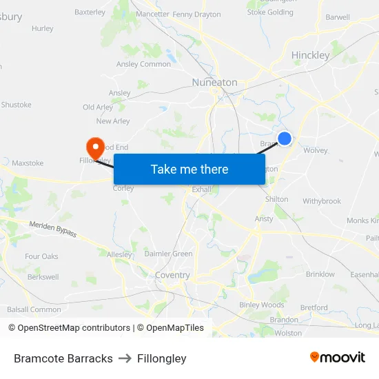 Bramcote Barracks to Fillongley map