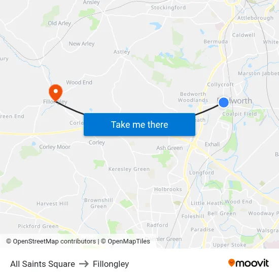 All Saints Square to Fillongley map