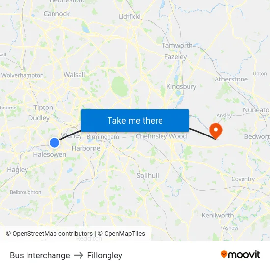 Bus Interchange to Fillongley map