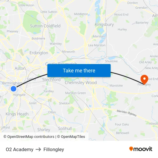 O2 Academy to Fillongley map