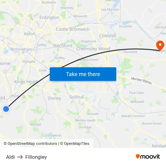 Aldi to Fillongley map
