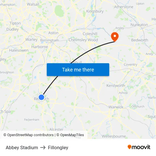 Abbey Stadium to Fillongley map