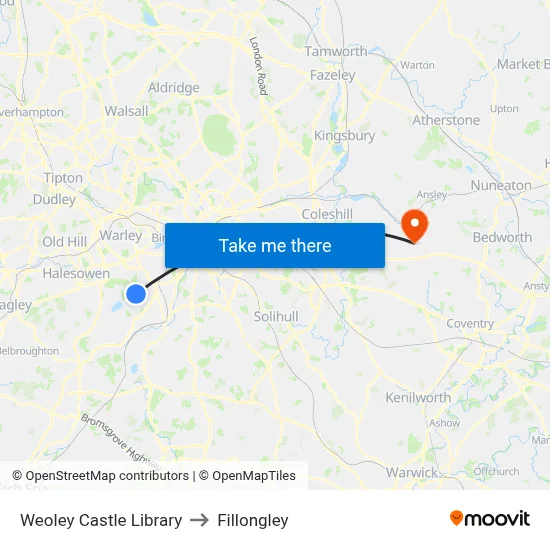 Weoley Castle Library to Fillongley map