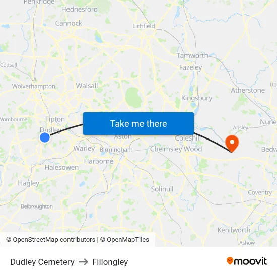 Dudley Cemetery to Fillongley map