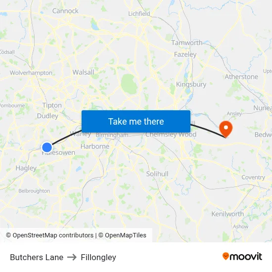 Butchers Lane to Fillongley map