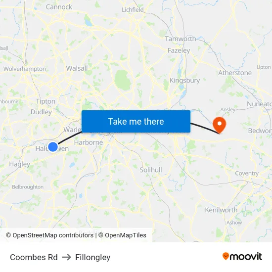 Coombes Rd to Fillongley map