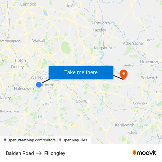 Balden Road to Fillongley map