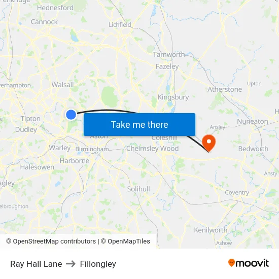 Ray Hall Lane to Fillongley map