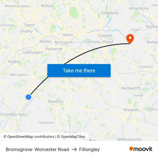 Bromsgrove- Worcester Road to Fillongley map