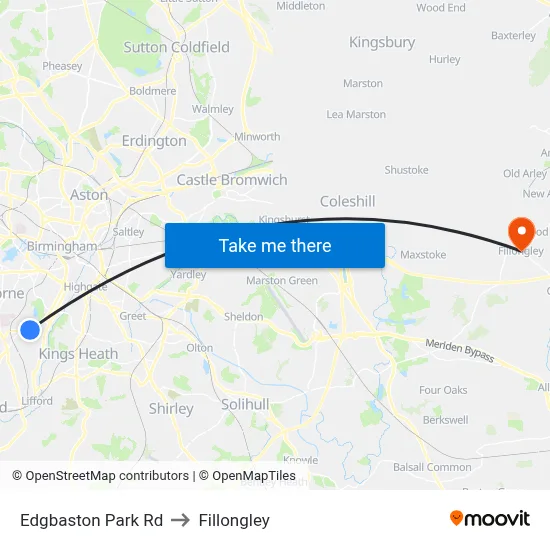 Edgbaston Park Rd to Fillongley map