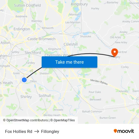 Fox Hollies Rd to Fillongley map