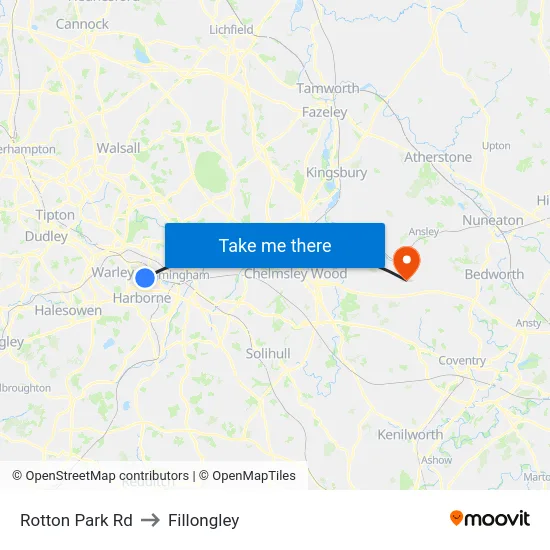 Rotton Park Rd to Fillongley map