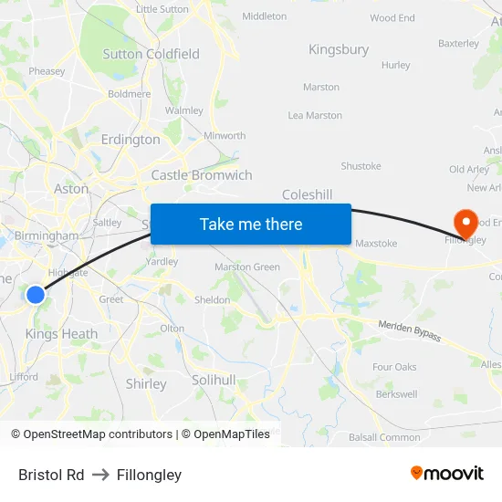 Bristol Rd to Fillongley map