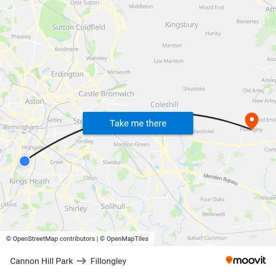 Cannon Hill Park to Fillongley map