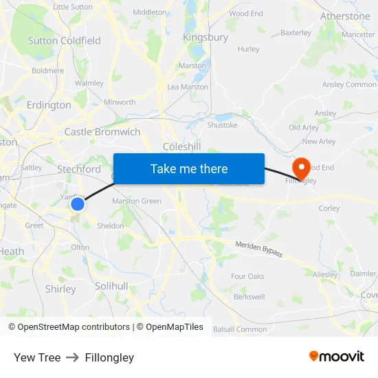Yew Tree to Fillongley map