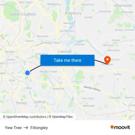 Yew Tree to Fillongley map