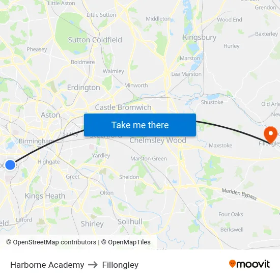 Harborne Academy to Fillongley map