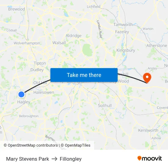 Mary Stevens Park to Fillongley map