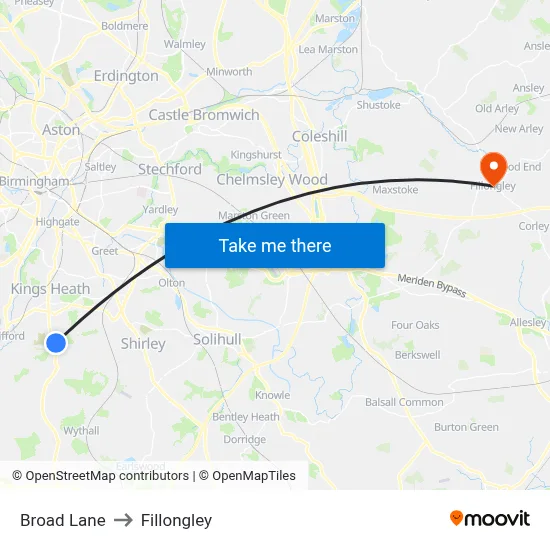 Broad Lane to Fillongley map